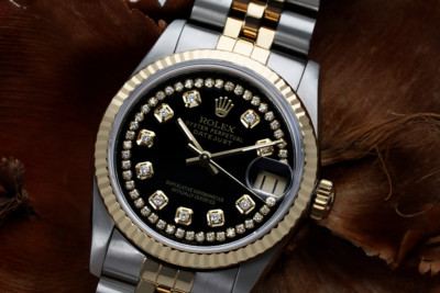 Rolex Datejust 31 mm Black Dial Two Tone Ladies Diamond Watch Jubilee Band