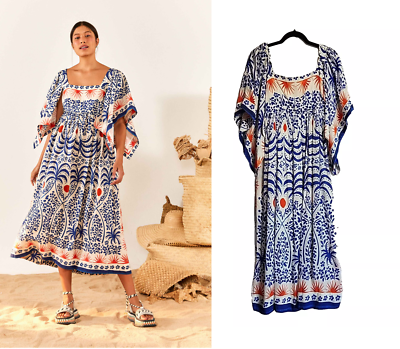 FARM RIO Afternoon Breeze Scarf Split Kimono Sleeve Midi Dress Blue SMALL  $275 | eBay