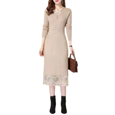 Women Midi Splice Dress Lace Hem Knitted Sweater Dress Long Sleeve Stretch Slim | eBay Women Midi Splice Dress Lace Hem Knitted Sweater Dress Long Sleeve Stretch Slim | eBay