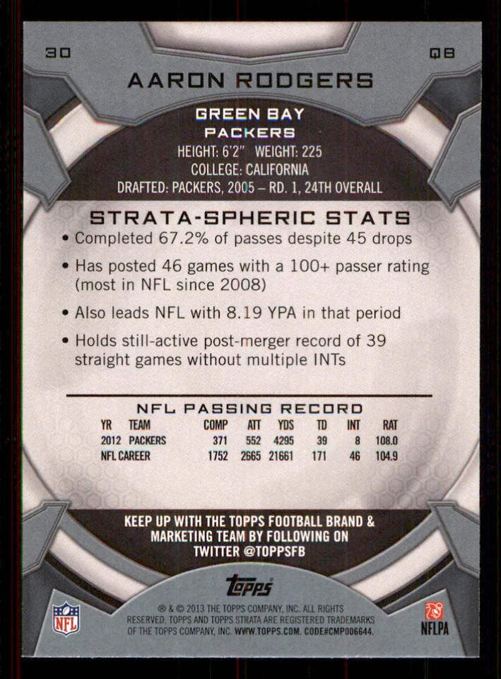2013 Topps Strata #30 Aaron Rodgers - Image 2 of 2
