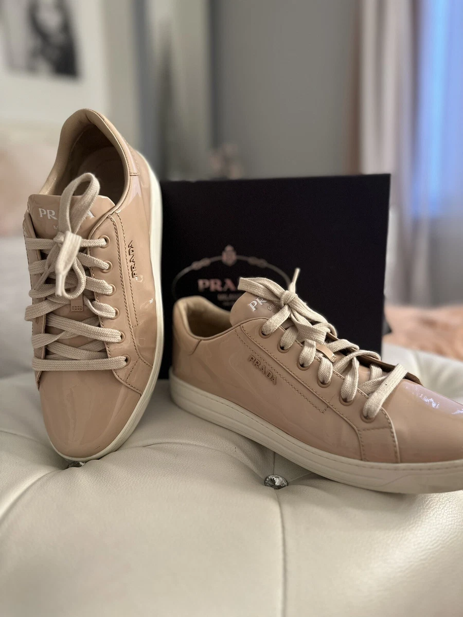 Prada Sport Beige Patent Leather Lace Up Sneakers Size 40.5 US Size 10