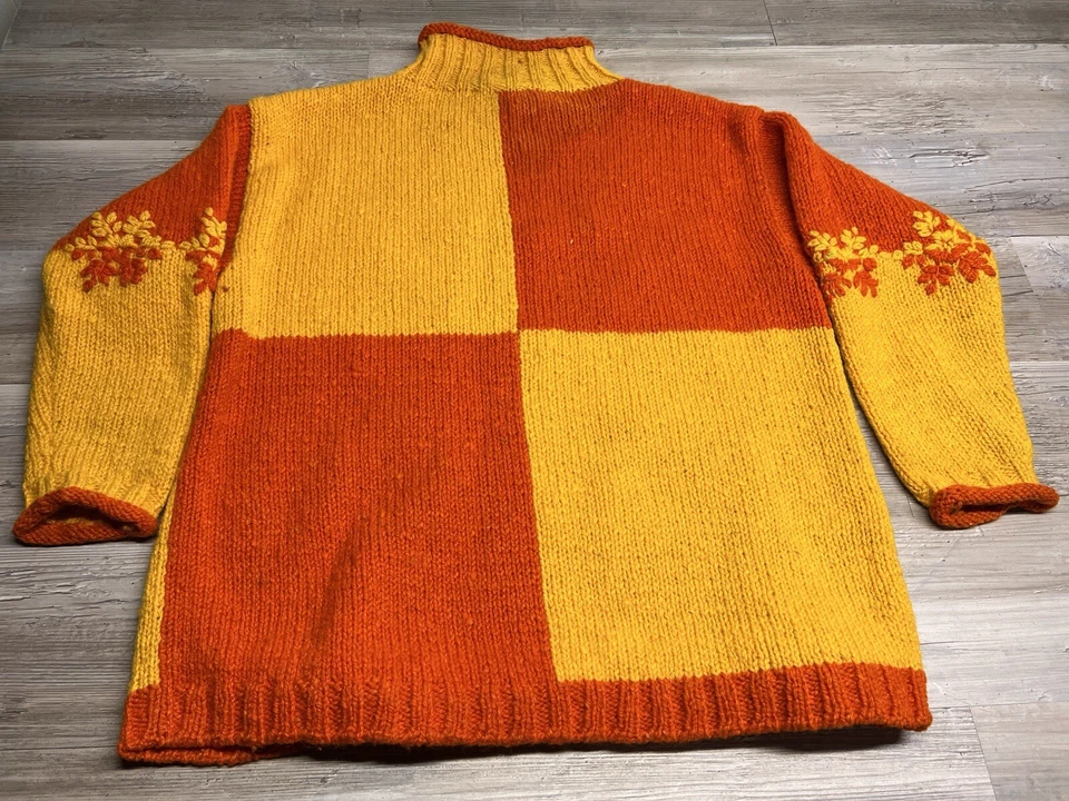 Vintage 90s Express Tricot Chunky Hand Knit Wool Snowflake Sweater Orange Yellow - Image 2 of 4