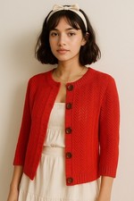 Jones New York Signature Women  s Red Open Knit Button Front Cardigan Sweater 100