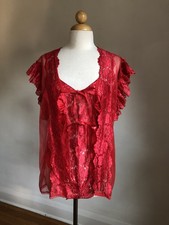 STUNNING VTG ALANA GALE Red Nylon Chiffon Lace 2pc Teddy Romper Jacket Set M