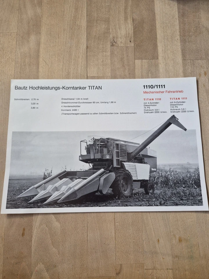 Orig. Schlepper Prospekt Bautz Titan 1100 1111 Mähdrescher Traktor Fendt Deutz - Bild 1 von 1