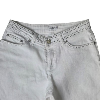 Vintage Cache White Rhinestone Embellished Denim Pants Y2K McBling Size 0