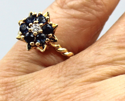 14K Yellow Gold Sapphire & Diamond Tulip Stacking Ring 2mm Rope Band 3.7g Sz3.75