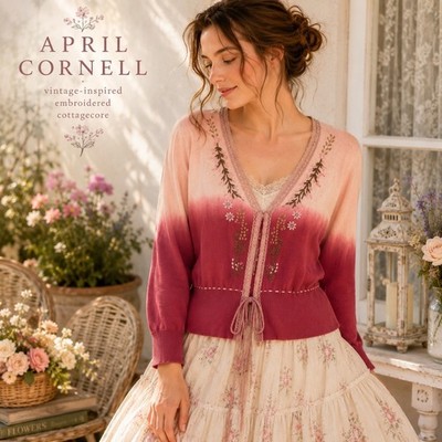 Vintage April Cornell Embroidered Tie Front Cardigan Ombre Cottagecore Sweater L