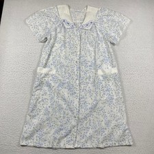 Morning News Floral House Dress Womens Small Blue White Embroidered Duster USA