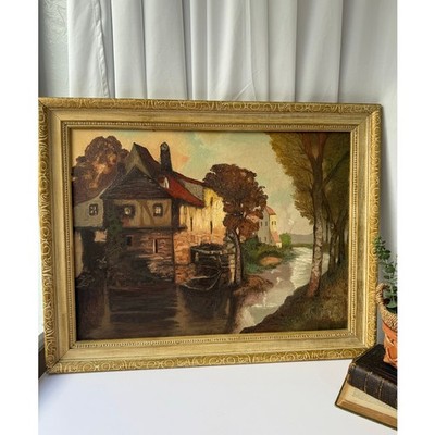 Vintage Painting European Village Scene Irene Burnham Inspired by French Artist