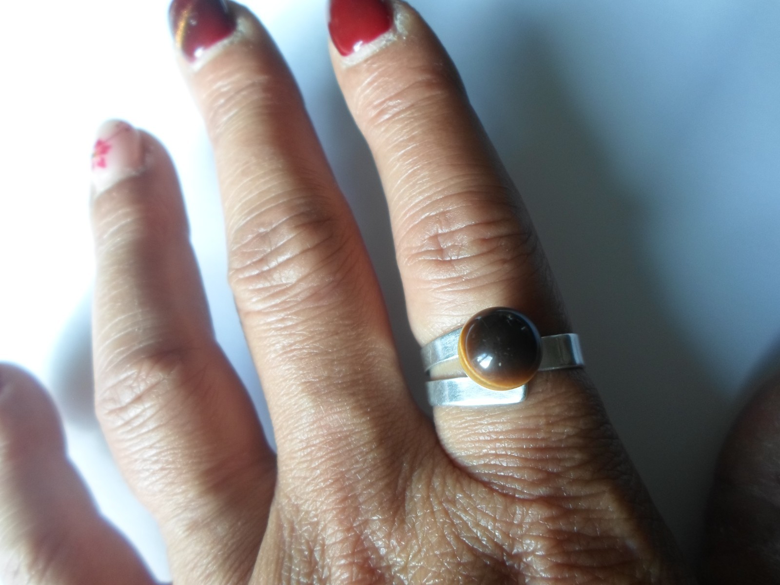 solid silver ring, 1 openwork side, tiger eye pea… - image 4