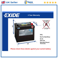 Car Battery EA654 Exide 005L 580A 65Ah 4Yr Warranty 230x173x222 Premium