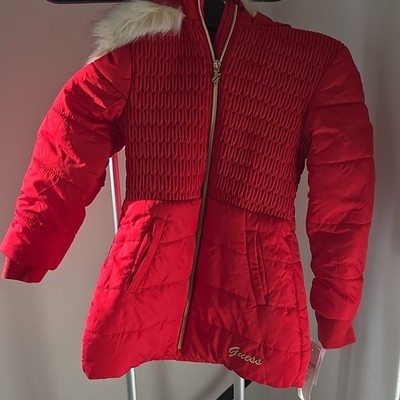 GUESS Girls Red Puffer Jacket Hooded Fur Trim Zip Mid-Length Size 7-8
