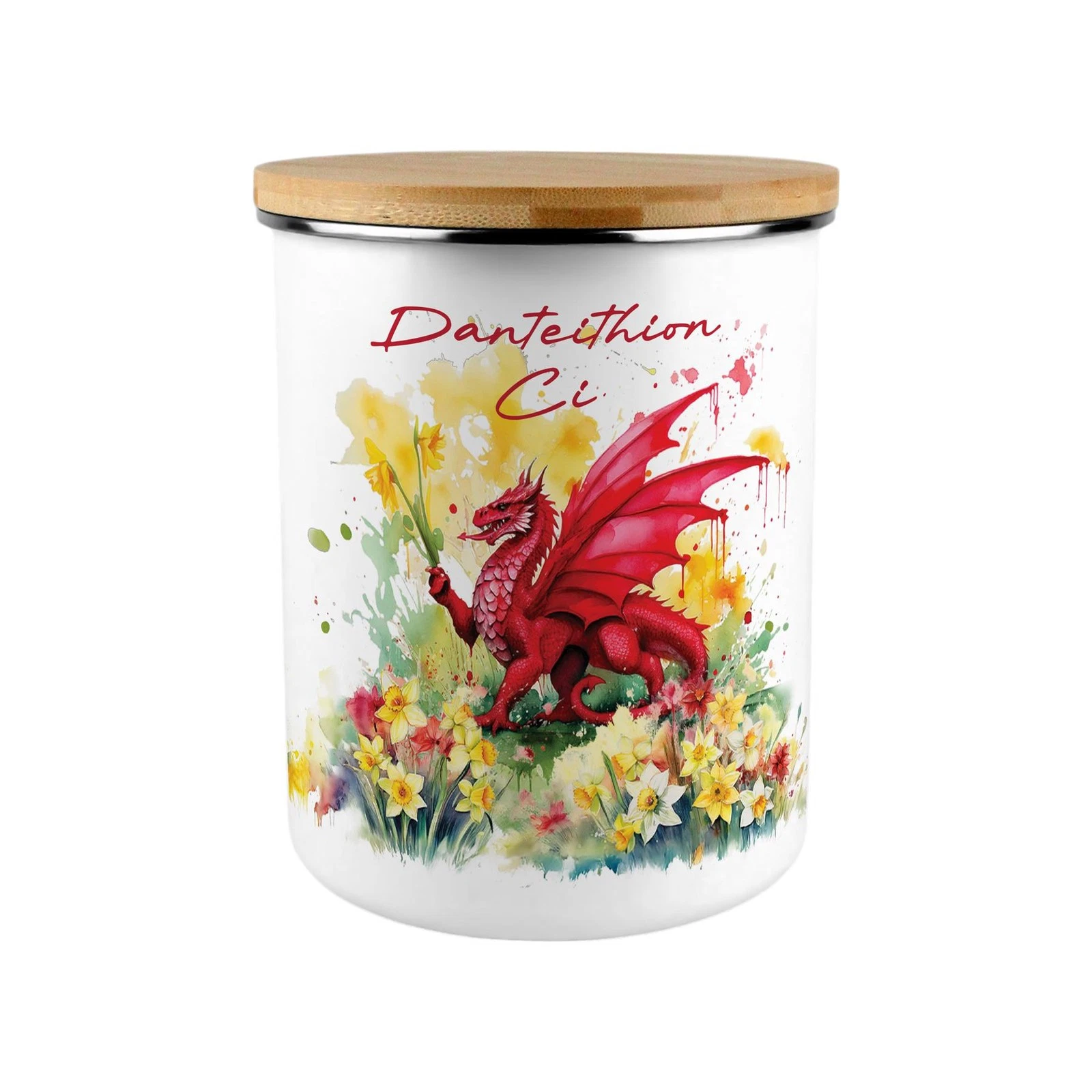 Large Welsh Dog Treats Canister - Danteithion Ci Daffodils Wales Homeware Gift