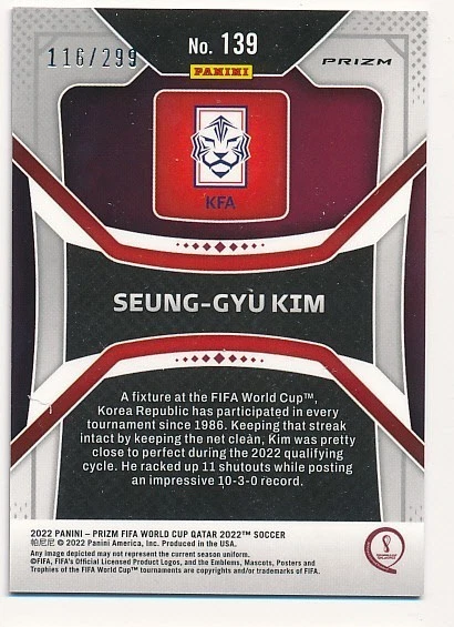 SEUNG-GYU KIM 2022 PANINI PRIZM BLUE FIFA WORLD CUP #139 SP #116/299 MINT - Image 2 of 2