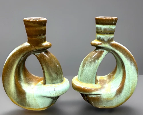 Set of 2 Frankoma Prairie Green 305 Candle Holders Candlesticks Pair Vintage