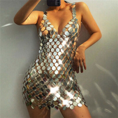 sequin rave dress White Sequin Fringe Halter V-Neck Backless Mini Dress For Evening Party  Rave Club Outfit