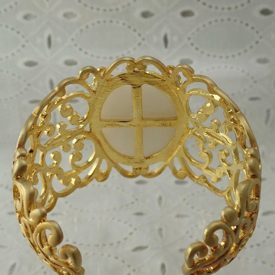 Sheila Fajl 18k Plated Over Brass White Jade Cabochon Huge 7 1/4" Cuff Bracelet - Image 4 of 4