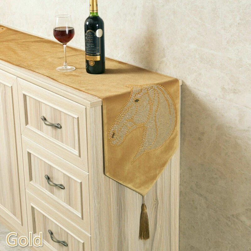 Velvet Table Runner Bed Runner Diamante Tassels Horse Pattern Decor Vintage - Image 3 of 4