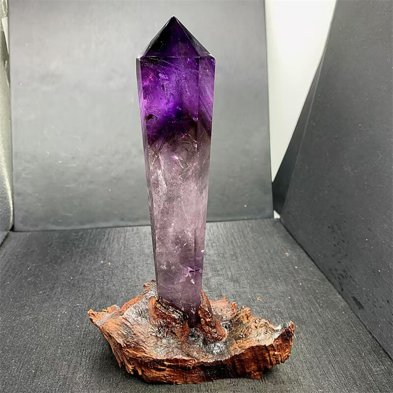 Natural Amethyst Quartz Obelisk Crystal Tower Point Wand with Stand 510g Reiki Healing