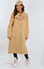 Vintage Ledaspain Beige Leather Trench Coat W/ Silk Chiffon Oversized Bow Size 8