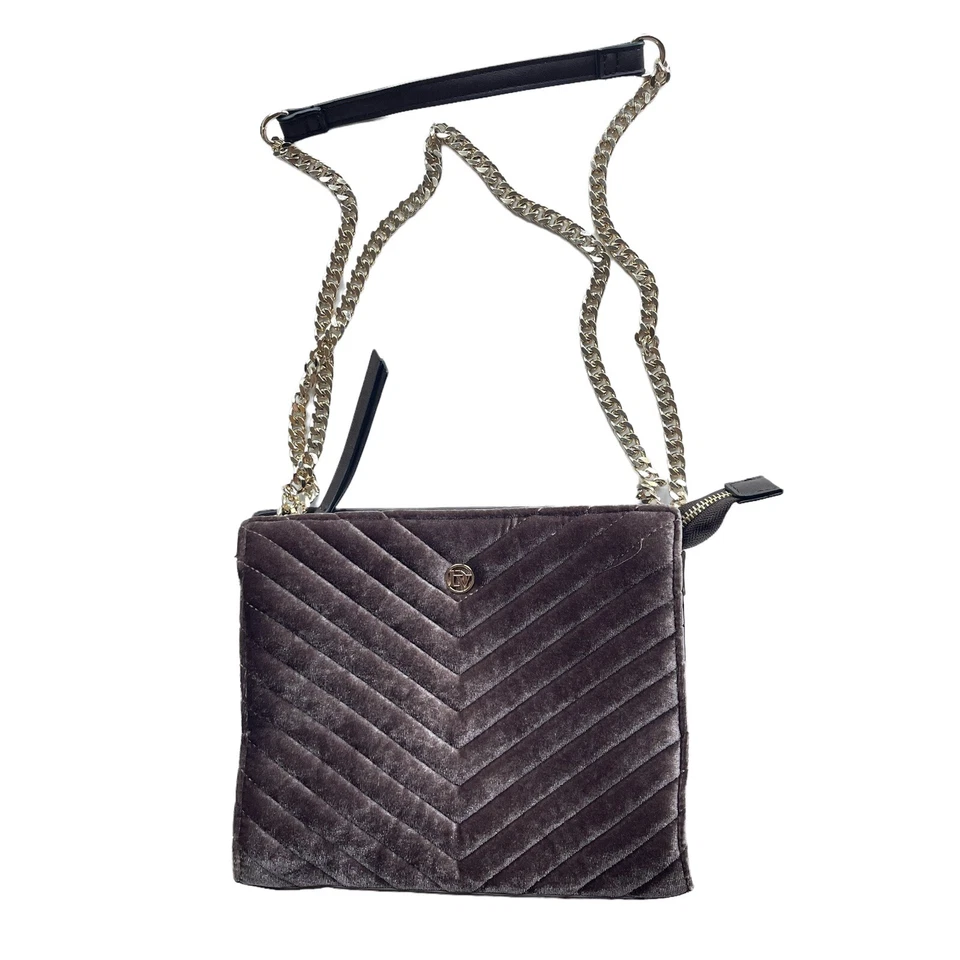 Bandolera La Diva Púrpura Chevron Terciopelo Rectángulo Bolso de Hombro Cremallera Cadena Foto 4 de 4