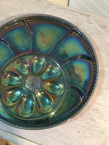 Carnival Glass Turquoise Deviled Egg Snack Serving Dish 572 - Picture 3 of 12
