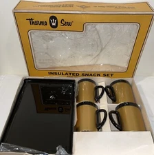 Thermo-Serv 7 Pcs Set West Bend Gold/black 4 Coffee Cups +3 Black Serving Trays