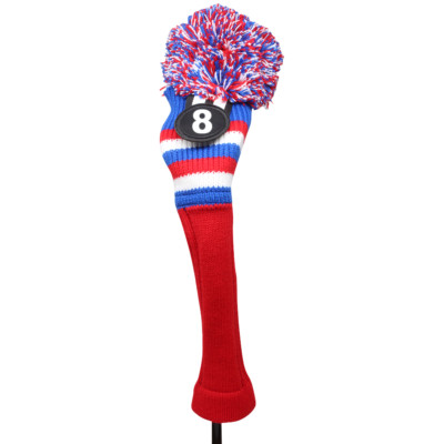 Majek Golf Red White Blue #8 Hybrid Pom Pom Knit Rescue Utility Club Head Cover