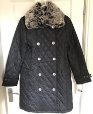 Ladies Edina Ronay Black Quilted Coat With Removable Faux Fur Collar Size 12 Uk