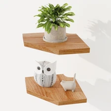 Corner Shelf Wall Mount Set of 2 - Solid Oak Wood Floating Corner Shelf with ...