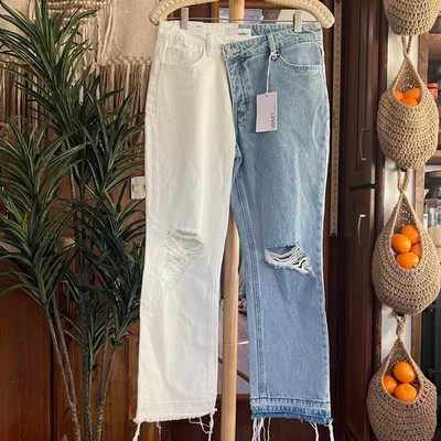 VERVET Norah Asymmetrical Colorblock Jeans 27 | High Rise Straight Raw Hem NWT