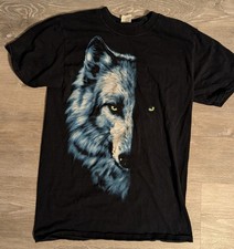 Vintage Wolf Shirt Men’s Small Half Face 90s Y2k Black Short Sleeve Glowing Eyes