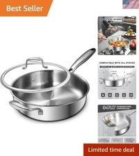 12 Inch Tri-Ply Stainless Steel Frying Pan, 5-Quart Deep Saute Pan with lids,...