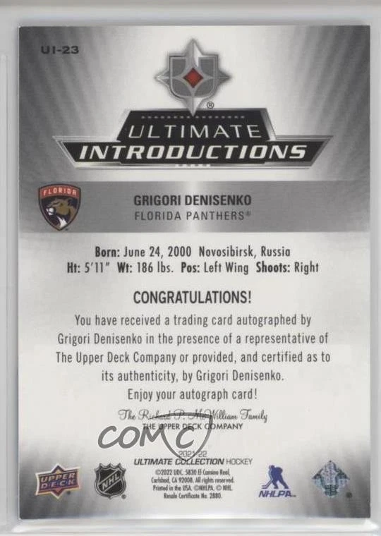 2021 Ultimate Collection Introductions Grigori Denisenko #UI-23 Rookie Auto RC - Image 2 of 2