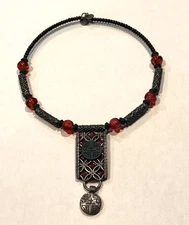 CHICO'S ASIAN MOTIF RED SILVER BEADED CHOKER COLLAR OPEN NECKLACE O/S EUC