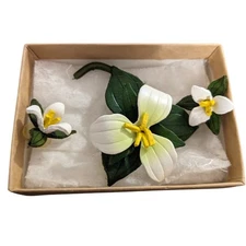 Trillium Flower Brooch & Earrings Set, Floral Pin and Studs, White Yellow Green
