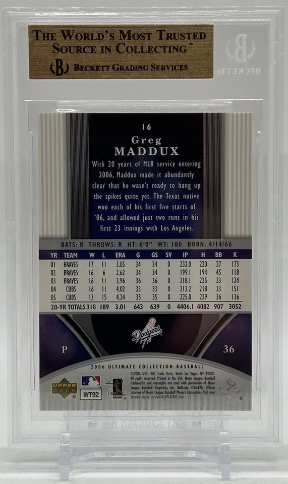 Greg Maddux 2006 Upper Deck Ultimate Collection #16 Gem Mint BGS 9.5 - Image 2 of 4
