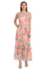 MAGGY LONDON Saoirse Floral Print Ruffle Halter Belted Waist Tie Maxi Dress 12