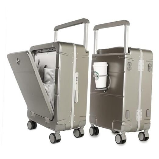 Carry On Luggage with Cup Holder and Type-C USB Port - Wide Handle PC Gold-image