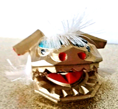 Vtg Lion-Dog Wooden Mask Japan Miniature Head Kabuki Mouth Opens Handmade Paint