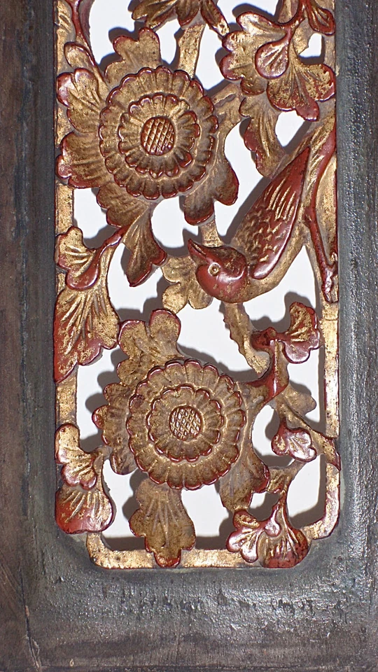 Antique Chinese Temple Panel Gilt over Red Carved Panel with Birds and Flowers - Image 3 of 4