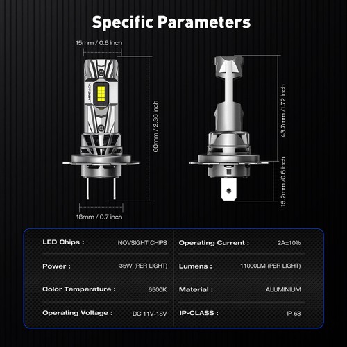NOVSIGHT 2x H7 LED Headlight Bulbs Globe Bulb Kit High/Low Beam 6500K White Lamp - Picture 6 of 12
