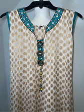 Women  s Teal/Gold Colourful Sleeveless Kaftan Indian Kurta Boho Dress SMALL