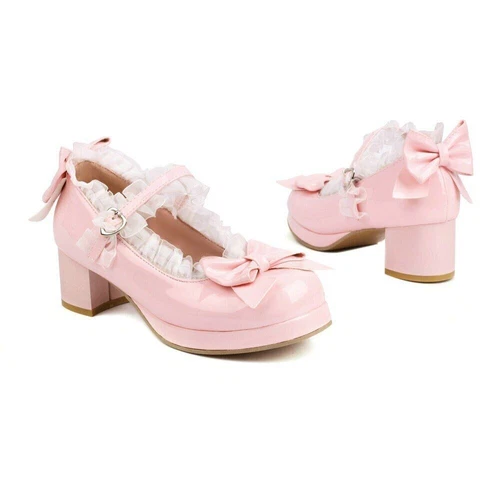Sweet Bowknot Lace Bridal Girls Wedding Shoes Women High Heel Pink Plus Size - Bild 13 von 40