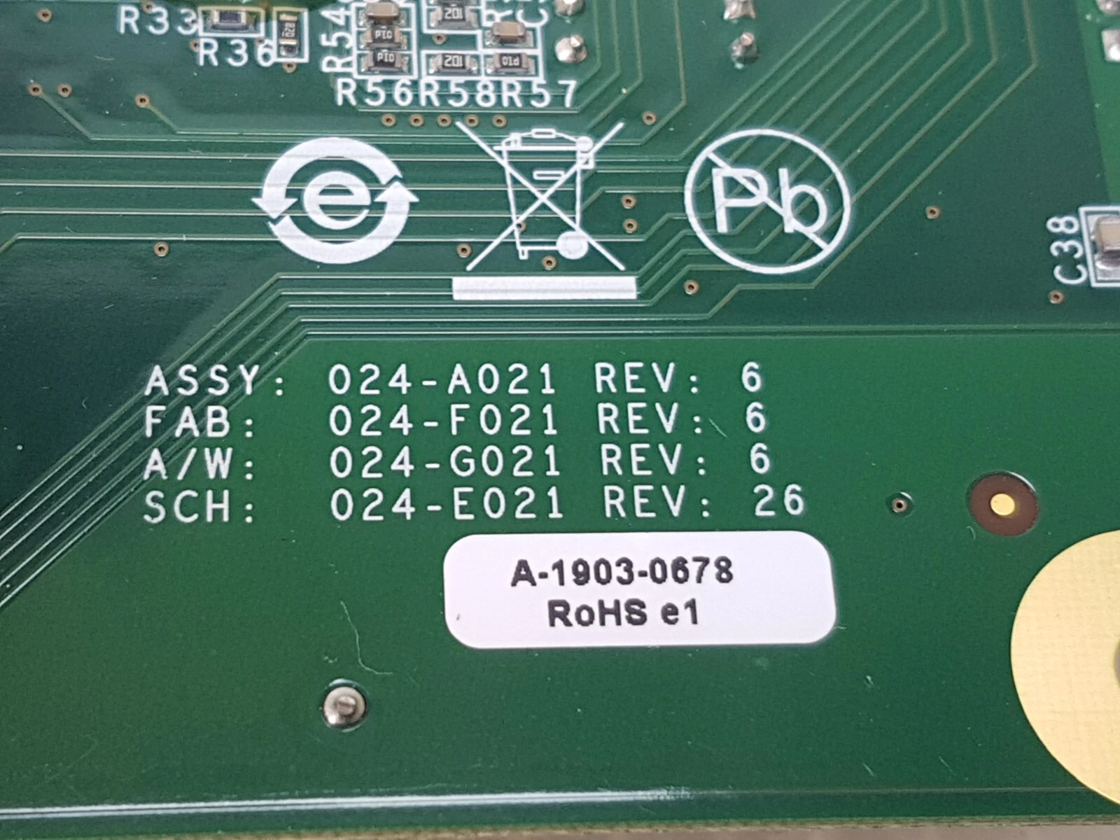 Silkscreen ASSY 024-A021 REV 6 and label A-1903-0678 RoHS e1