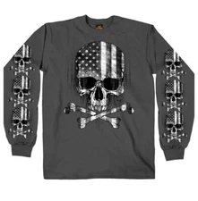 Hot Leathers Mens Flag Skull Charcoal Long Sleeve Shirt