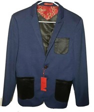Elie Balleh Boys Navy Blazer Jacket Faux Leather Patches Elbow Pockets XL 18-20