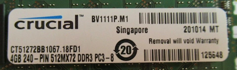 Micron MT18JSF51272PDZ-1G1D1BB CT51272BB1067 4GB PC38500 DDR3 ECC CL7 240P RAM - Image 4 of 4