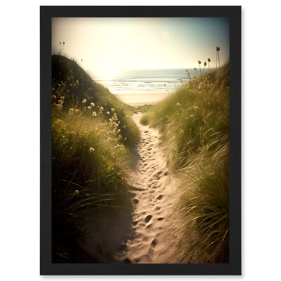 Sommer Strand Weg Foto hell sonnig Sand Küste gerahmt Wandkunstdruck A4